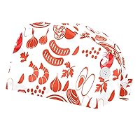 Paella Pattern 2 Pieces Working Cap with Button Printed Bouffant Turban Cap Adjustable Bouffant Hair Cover