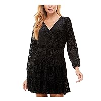 Womens Black Stretch Ruched Tie Pullover Tiered Skirt Lined Long Sleeve Surplice Neckline Short Party Fit + Flare Dress Juniors XXS