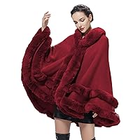 Women Hooded Poncho Cape Faux Fur Shawl Wrap with Fur Trim Sleeveless Cardigan Dressy Cloak Fashion Tops Coat
