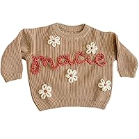 Personalized Baby Embroider Floral Sweater Crewneck, Custom Name Knit Oversized Jumper Sweaters Puffy Letter Boho Sweater Baby and Toddler Warm Gift Pink