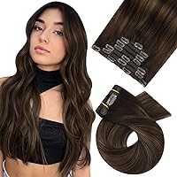 Moresoo Clip in Hair Extensions Real Human Hair Brown Balayage Clip in Extensions Human Hair Darkest Brown to Chestnut Brown Hair Extensions Clip in Human Hair Full Head 20Inch 7pcs 120g