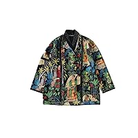 Printed V-Neck Kantha Quilted Jacket for Women, Full Sleeves Quilted Jackets, Reversible Jacket, Machine Wash, Patchwork Overcoat Winterwear Kantha Jackets, Daily & Partywear (XXL, Black)