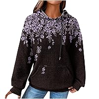 Women's Waffle Knit Hoodie Vintage Leaf Print Long Sleeve Drawstring Hooded Pullover Sweatshirt with Kangaroo Pocket