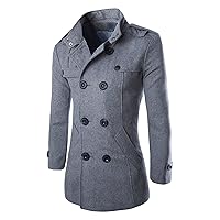 Mens Winter Double Breasted Overcoat Classic Mid Long Wool Blend Pea Coat Stand Collar Slim Outdoor Trench Jacket