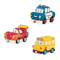 B. toys- Mini Wheeee-ls!- 3 pc Mini Pull-Back Vehicles Set, Bus & Cars, Multi, Hot Rod, School Bus, Police Car- 1 year +