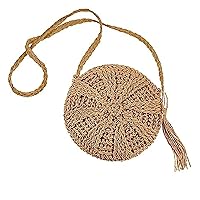 Straw Bag Round Tote Woven Bag Rattan with Tassel Straw Beach Bag Women's Holiday Casual Bag Light Brown