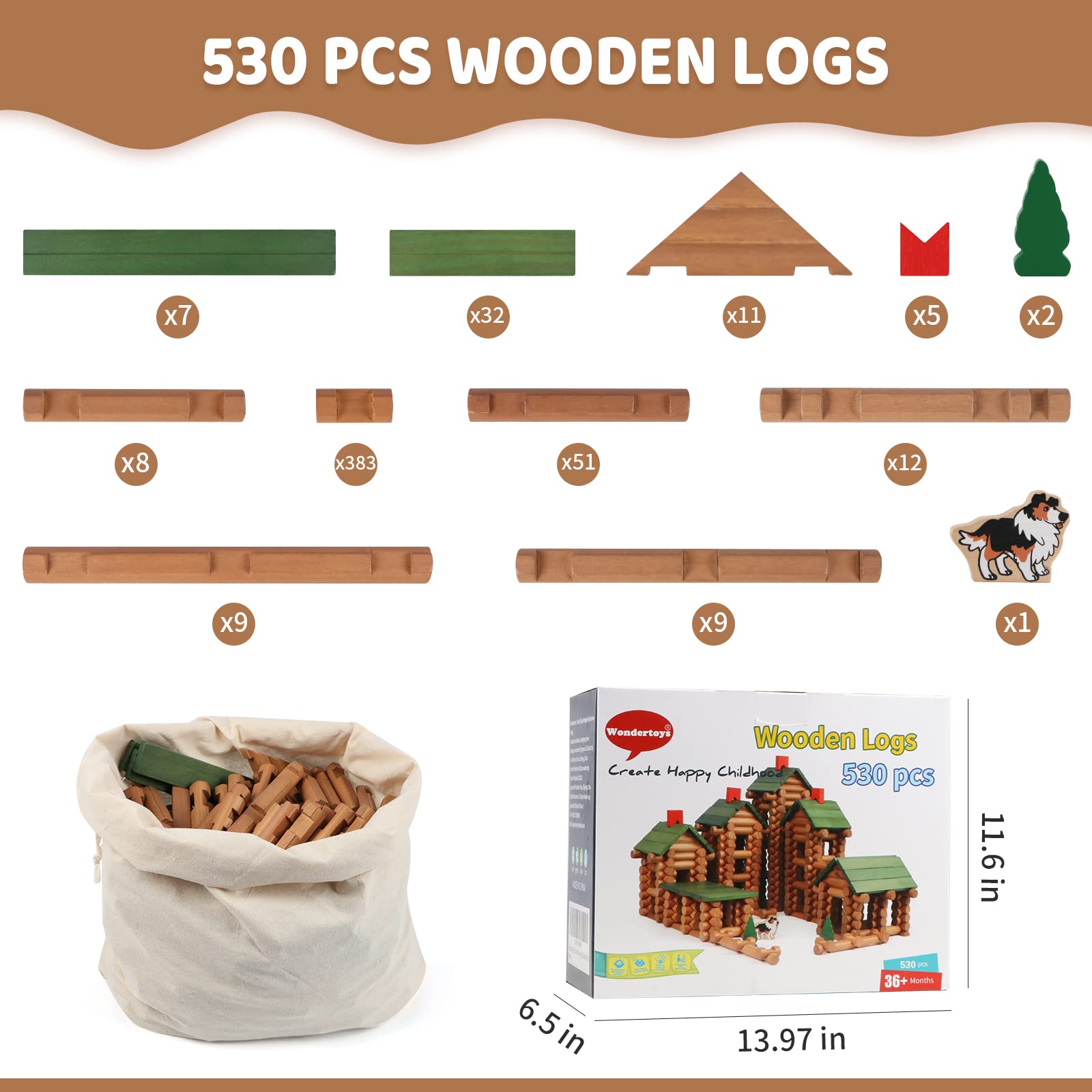 Wondertoys 530 Pcs Wooden Logs Set Ages 3+, Classic Building Log Toys for Boy, Creative Construction Engineering Educational Gifts