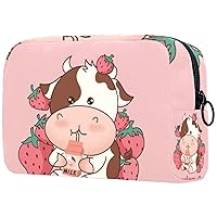 Strawberry Cow Pattern Cosmetic Travel Bag Large Capacity Reusable Makeup Pouch Toiletry Bag For Teen Girls Women 18.5x7.5x13cm/7.3x3x5.1in