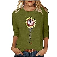 Women's 4th of July Tops Trendy Graphic 3/4 Sleeve Shirts Casual Loose Round Neck Blouse Ladies Plus Size Tshirt