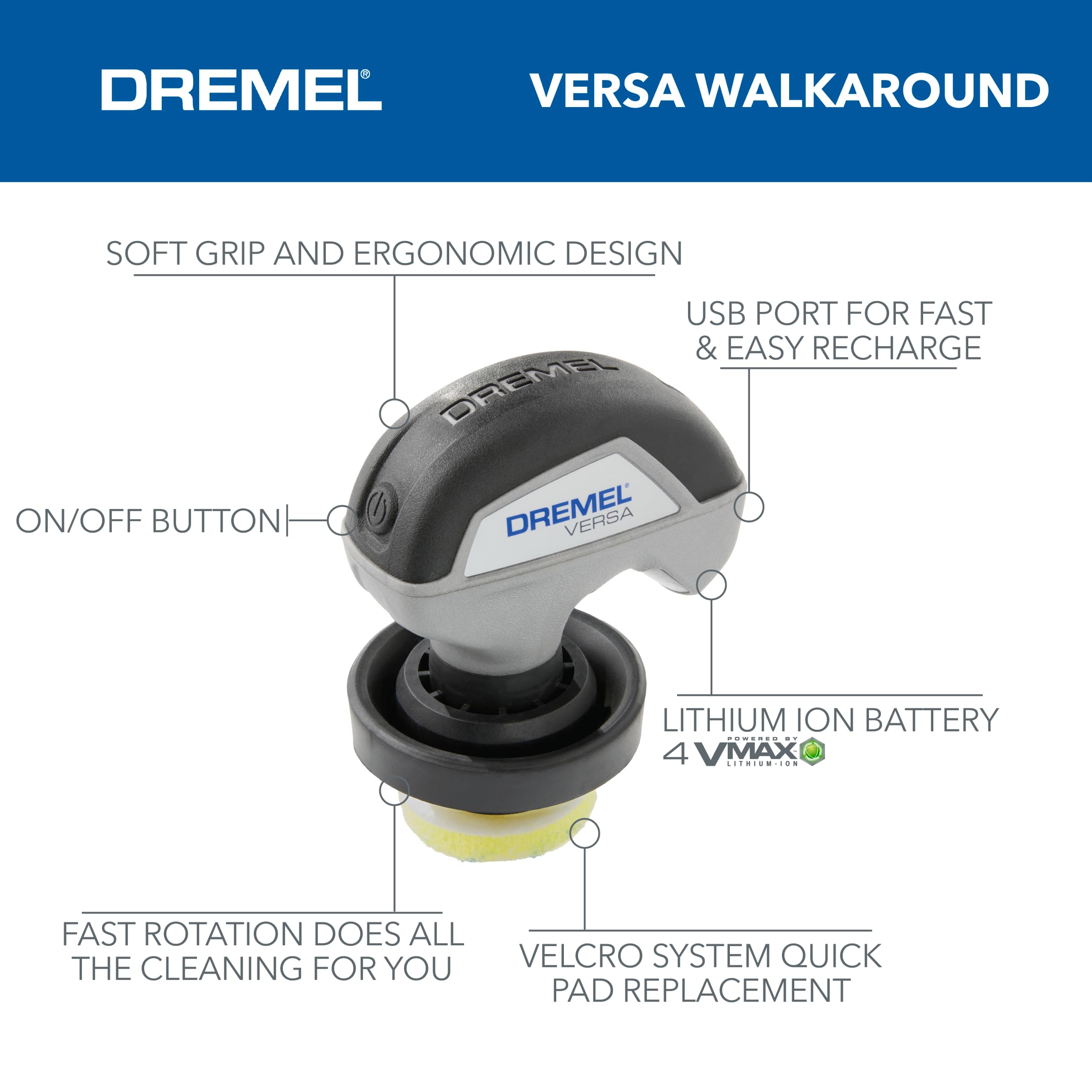 Dremel Versa Power Scrubber Kit with 5 Scrub Daddy Cleaning Sponge Pads – Waterproof Cordless Electric Spin Scrubber, High Speed, Multi-Surface Cleaning for Kitchen, Household, and Bathroom, PC10-07