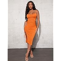 Dresses for Women - Draped Lace Up Backless Ruched Drawstring Side Cami Bodycon Dress (Color : Orange, Size : X-Small)