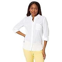 Tommy Hilfiger Women's Plaid Lurex Button Up Shirt, White