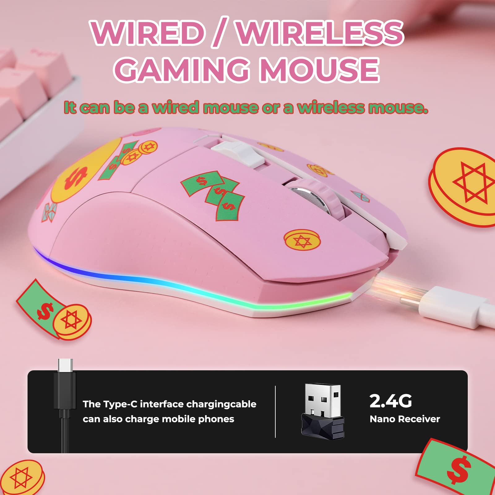 DAREU Pink Wireless Wired Gaming Mouse, Dual-Mode Rechargeable 7 Programmable Buttons,10K DPI,RGB and 7 Adjustable DPI Levels up to [150IPS] [1000Hz] for PC Notebook Mac(Lucky Bear)