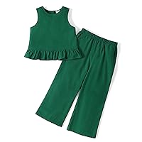 PATPAT Girls Clothing Set Linen Sleeveless Button Back Tank Crop Tops and Wide-Leg Ankle Pants with Pocket Outfits