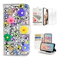 STENES Bling Wallet Phone Case Compatible with Samsung Galaxy A35 5G - Stylish - 3D Handmade Floral Butterfly Glitter Magnetic Wallet Leather Cover with Screen Protector [2 Pack] - Colorful