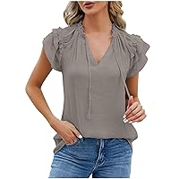 Women's Summer Tops Trendy Elegant Drawstring Ruffle Short Sleeve Pleated Blouses Dressy Casual T Shirts V Neck Tees