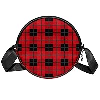 Christmas Red Black Plaid Crossbody Bag for Women Teen Girls Round Canvas Shoulder Bag Purse Tote Handbag Bag