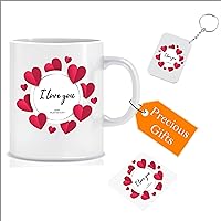 Valentine's Day Gift Printed Ceramic Mug and Keychain and Tea Coaster Combo || Pack of 3 (Coffee Mug, Keychain, Teacoaster) Best Valentine Gift for loving One || Special Mockup STYLE-28