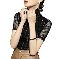 Bright Silk Stripe Mesh Tops for Women, High Neck Semi Sheer Lace Short Sleeve Patchwork Blouses Elegant Formal Work Shirts