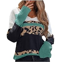 TUNUSKAT Womens Knit V Neck Sweaters Fall Color Block Leopard Striped Sweater Pullover Casual Slouchy Cozy Long Sleeve Tops