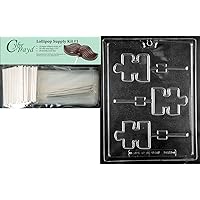 Cybrtrayd Puzzle Piece Lolly Autism Awar Miscellaneous Chocolate Candy Mold with Lollipop Supply Bundle of 25 Lollipop Sticks, 25 Cello Bags, 25 Silver Twist Ties and Instructions