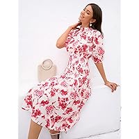 Women's Dress Floral Print Puff Sleeve Shirred Waist Dress (Color : Red and White, Size : Medium)