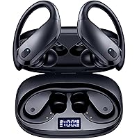 GNMN Bluetooth Headphones Wireless Earbuds Over Ear Buds 90H Playback IPX7 Waterproof Sports Earphones Deep Bass with Wireless Charging Case & Dual LED Power Display Earhooks Headset for Running Black