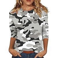 3/4 Length Sleeve Womens Tops,Trendy Camo Print Crew Neck Workout Shirts Women Casual Going Out Tops for Women