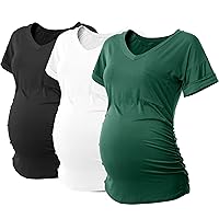 SUNNYBUY 3 Pack Womens Maternity Tops Side Ruched Maternity Shirts Pregnancy Clothes V Neck