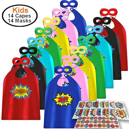 ADJOY Children Superhero Capes and Masks 14 Sets with Superhero Stickers - Kids Birthday Party Dress Up Capes