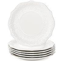 SOUJOY Set of 6 Salad Plate, 8 Inch Porcelain Dessert Serving Plates, Embossed Printing Small Dinner Dish for Pancakes, Steak, Microwave, Dishwasher Safe