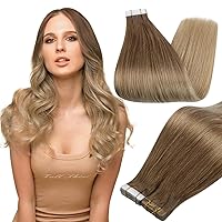 Full Shine Tape in Human Hair Extensions Seamless Tape ins Extensions 14 Inch 10 Golden Brown to 14 Dark Blonde Balayage Hair Extensions Tape in 50 Gram Straight Invisible Tape Hair 20pcs