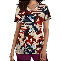 V Neck Shirts for Women Summer Fall Short Sleeve USA Flag Work Scrub Vintage Tie Dye Top T Shirt Blouse Women 2024