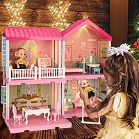 BOBXIN Doll House for Girls, Dollhouse Building Toy, Dollhouse Furniture and Accessories, Light Up Dollhouse with Doll, DIY Cottage Pretend Play Princess House for Toddlers and Kids (4 Rooms)
