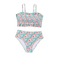 SHENHE Girl's Floral High Waisted Swimsuit Frilled Smocked Bathing Suit Cute 2 Piece Bikini Set