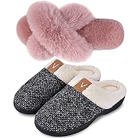 Parlovable Set of 2 Pairs-Women's Plush Cross Band Slippers (Pink) & Memory Foam Cozy House Shoes (Grey) Comfy Anti-Slip, US Size 9-10