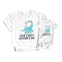 SoRock First Mother's Day T-Shirt Matching Mom & Baby Boy Dinosaur Onesie Gift