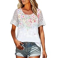 Summer Tops for Women 2024,Trendy Round Neck Short-Sleeve Floral Lace Versatile Fashion Loose Fit Casual Top