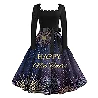 Women's Dresses Casual Vintage Classic Dress Long Sleeve 2024 New Year Printed Square Neck Swing Dress, S-2XL