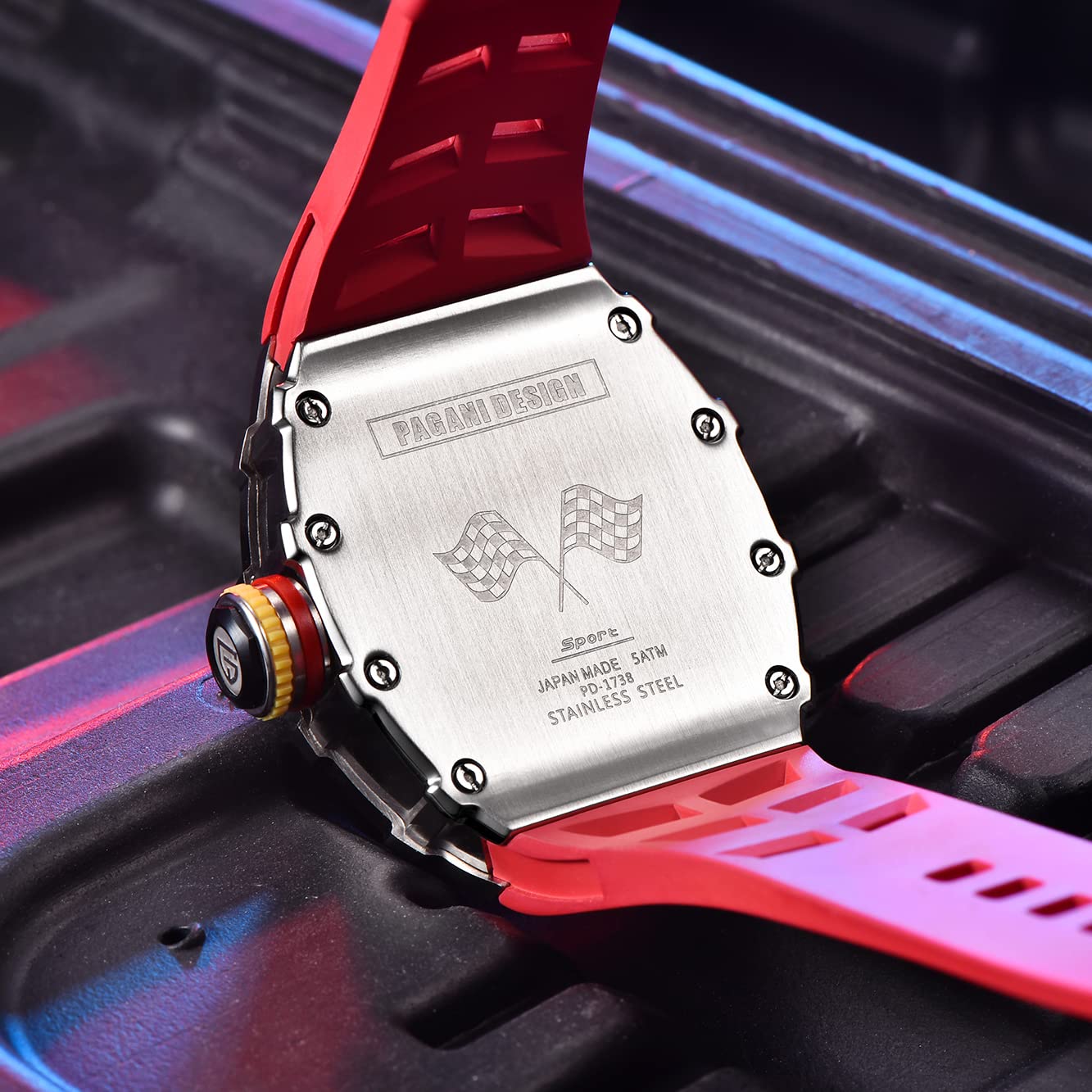 RollsTimi Pagani Design 1738 Men's Tonneau Quartz Watches Japan VH65 Movement Skeleton Dial Rubber Band Waterproof Sport Rectangle Square Watch for Men