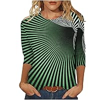 Womens Summer Tops 2024 Trendy 3/4 Length Sleeve Casual Blouses Crewneck 3D Printed Cute Tops Loose Fit Pullover Tunics