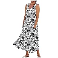 Linen Dress for Women 2024 Summer Printed Tank Dress Flowy Sleeveless Maxi Dress Casual Long Dresses with Pockets