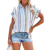 Womens Button Down Shirts Short Sleeve Summer Linen V Neck Collared Stripes Casual Blouses Tops with Pocket