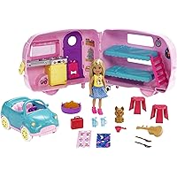 Barbie Club Chelsea Toy Car & Camper Playset, Blonde Chelsea Small Doll, Puppy & 10+ Accessories, Unhitch & Open for Campsite