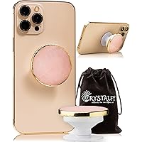 Grips by CRYSTALFY Rose Quartz Crystal Phone Grip & Phone Stand Authentic Natural Gemstone Swappable Top, Expandable Collapsible Holder for Smartphones and Tablets (Rose Quartz Round Gold Edge)