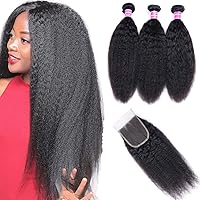 UNice Hair 10A Yaki Kinky Straight Human Hair 3 Bundles with 4x4 Lace Closure Free Part, 100% Unprocessed Mongolian Virgin Human Hair Weave Extensions Natural Color (18 20 22+16 Closure)