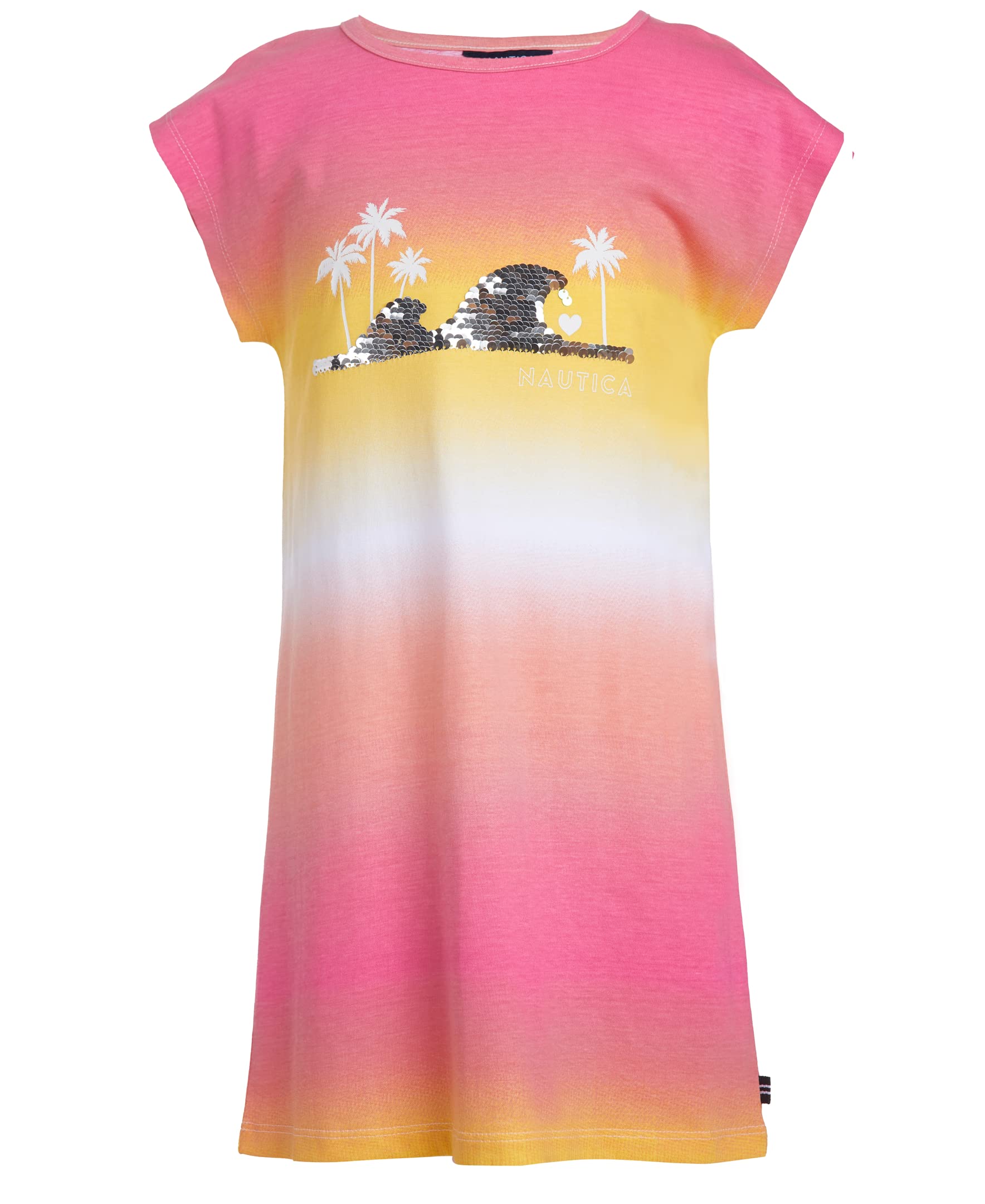 Nautica Girls' Short Sleeve Jersey Tee Dress with Elastic Cinched Waist, Fun Designs & Colors, Pink Carnation Wave, 6X