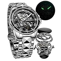 OUPINKE Watch for Men Skeleton Business Luminous Work Automatic Wristwatch Silver 3D Dial with 5ATM Waterproof Luminous Tungsten Steel Strap Sapphire Crystal Two Tone, Mechanical,Automatic Watch