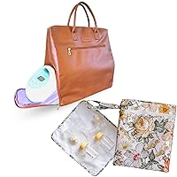 Bundle of Large Vegan Leather Tote Breast Pump Bag for Working Moms - Easy to Carry Floral Pattern Wet Dry Bag for Breast Pump Parts with Staging Mat and Removable Waterproof Insert