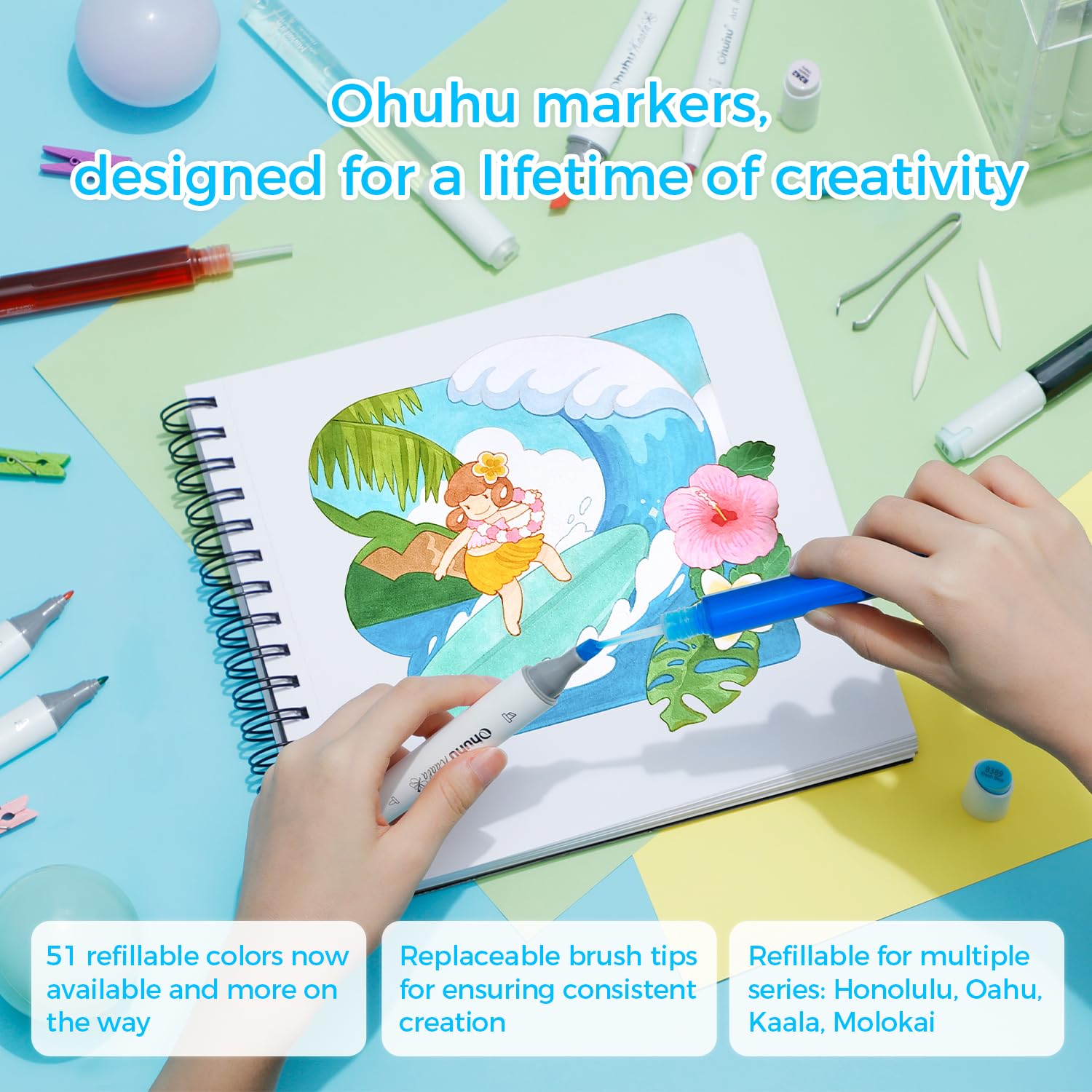 Ohuhu Alcohol Markers Double Tipped Art Marker Set for Artists Adults Coloring Sketch Illustration - Chisel & Fine Dual Tips - 100 Colors - Oahu Series of Ohuhu Markers - Refillable Ink